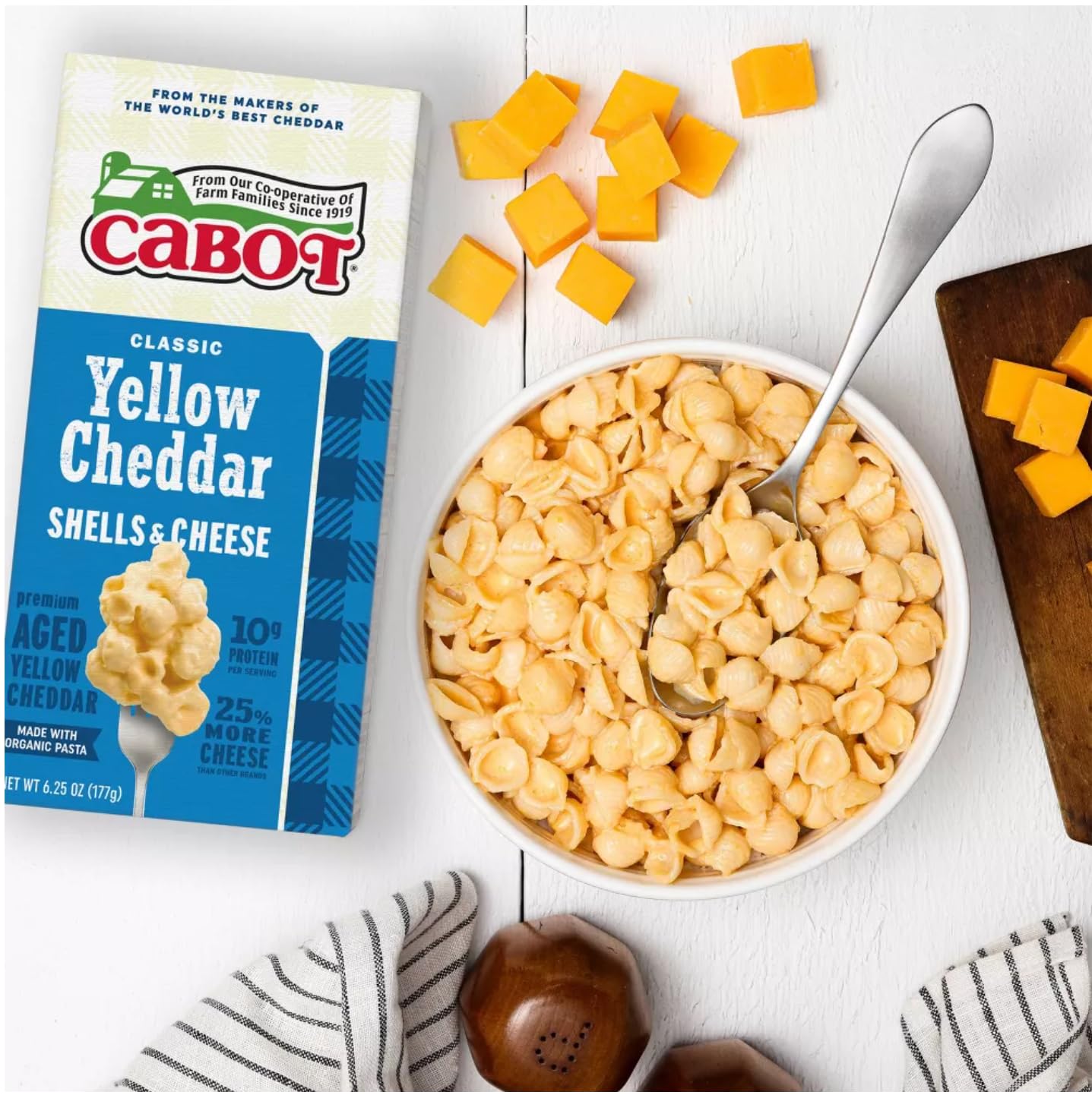 3 unidades de conchas de cabot y macarrones y queso cheddar añejados de primera calidad  Sabor clásico de cheddar amarillo  Cheddar envejecido y