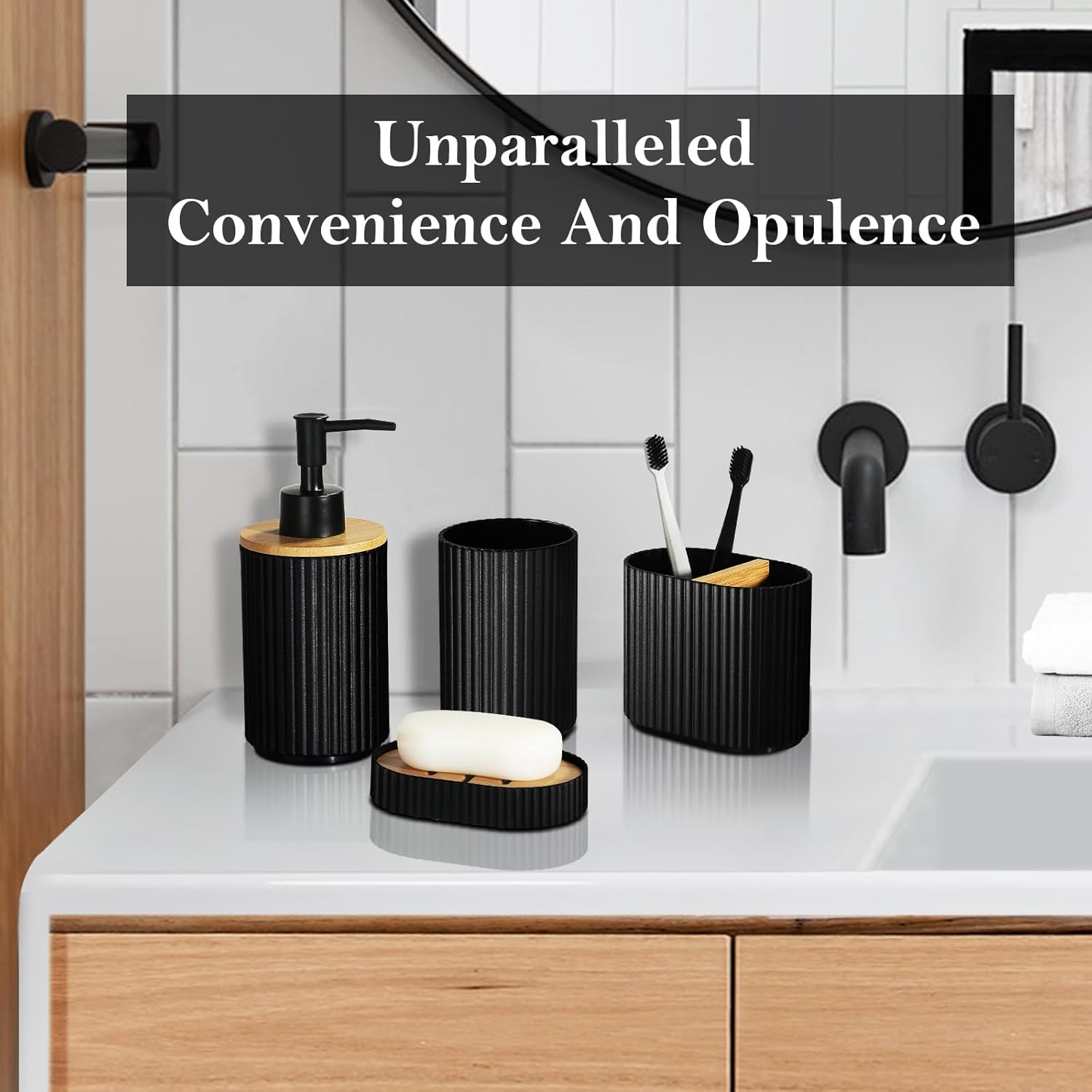 ALPIRIRAL Juego de accesorios de baño negro, juego de 8 piezas de accesorios de baño con basura, dispensador de jabón y soporte para cepillo de