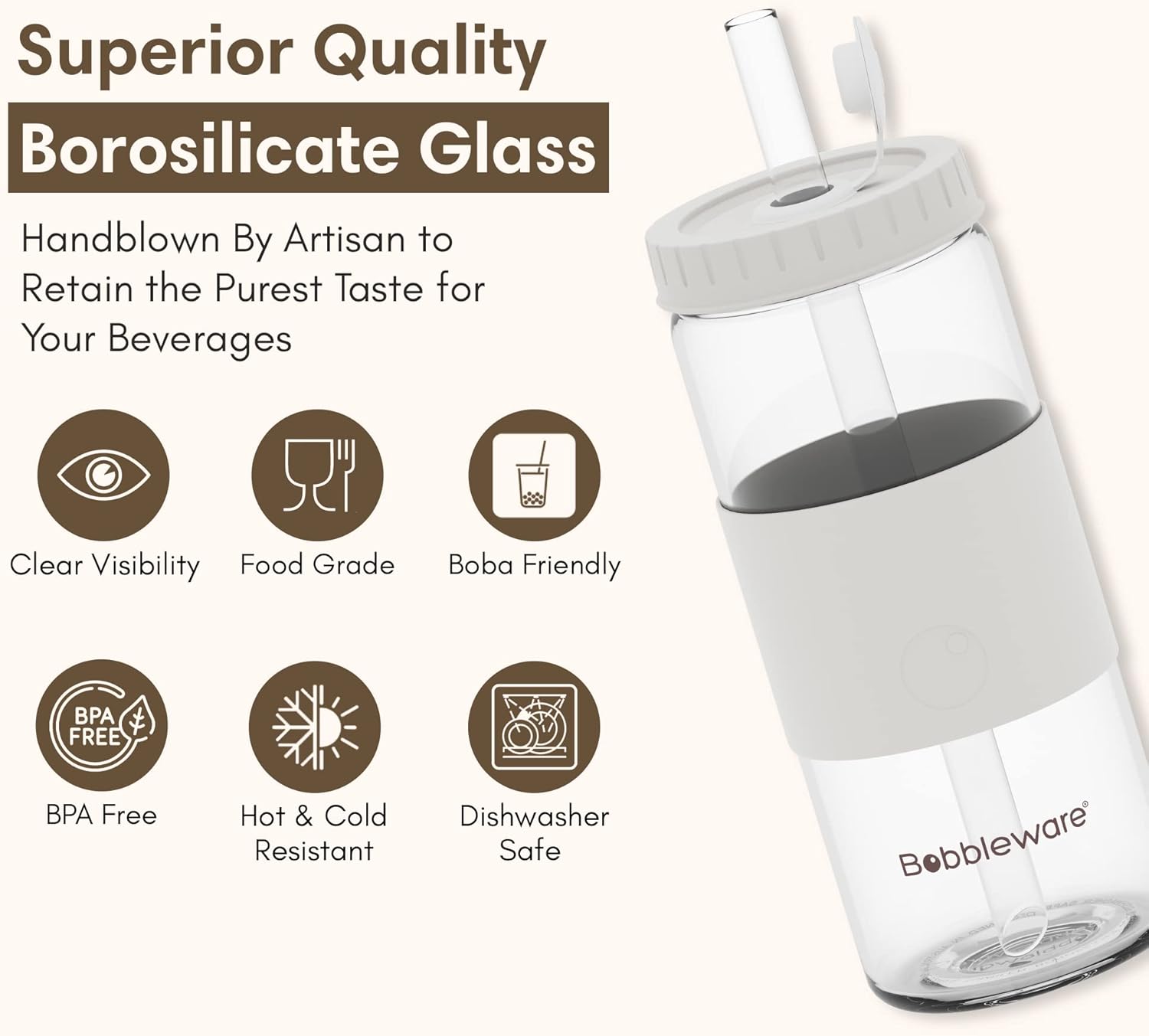 Vaso de té de burbujas de vidrio borosilicato con tapa y pajilla, vaso de batido Boba reutilizable, vaso de viaje de boca ancha con funda, a prueba