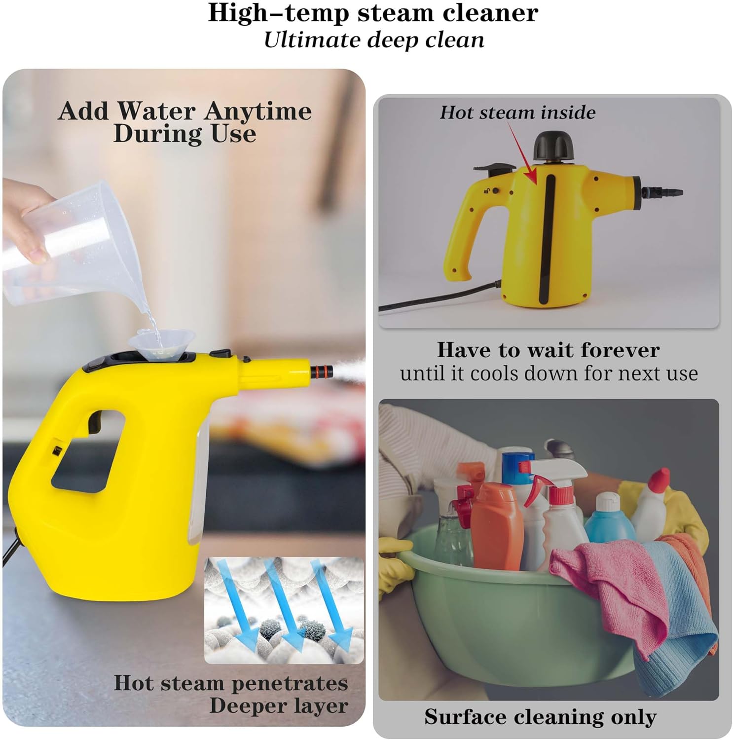 Limpiador de vapor de mano de 1400 W para uso doméstico, adición de agua durante el uso, limpiador de vapor presurizado de alto calor para limpiar