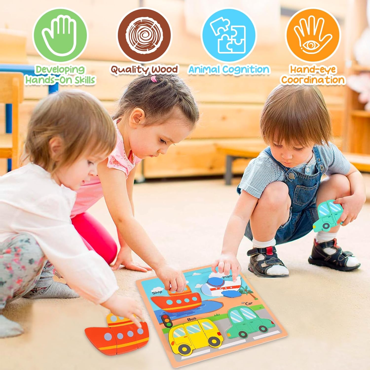 Wooden Puzzles for Toddlers 1-3, Educational Preschool Puzzle Toy, Each Set of Jigsaw Puzzles Contains 4 Patterns, Backside Can be Used as a Drawing