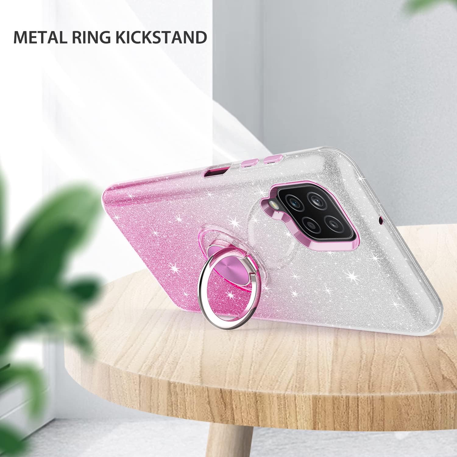 TJS Funda compatible con Samsung Galaxy A12, con protector de pantalla de vidrio templado, anillo de metal, soporte magnético, tono brillante,