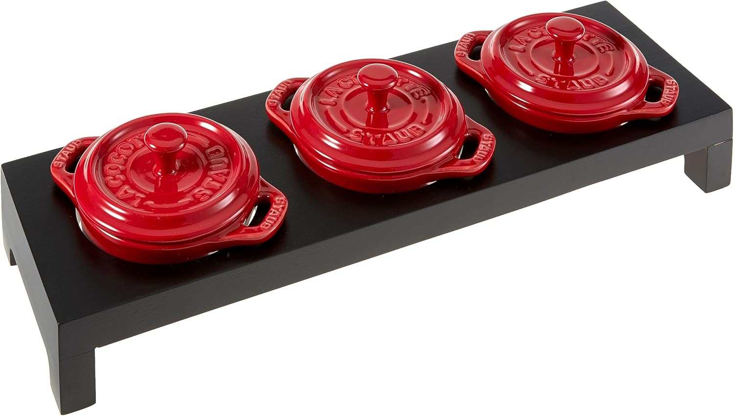 Staub Cerámica 3-pc Mini Round Cocotte Set con Soporte – Cereza