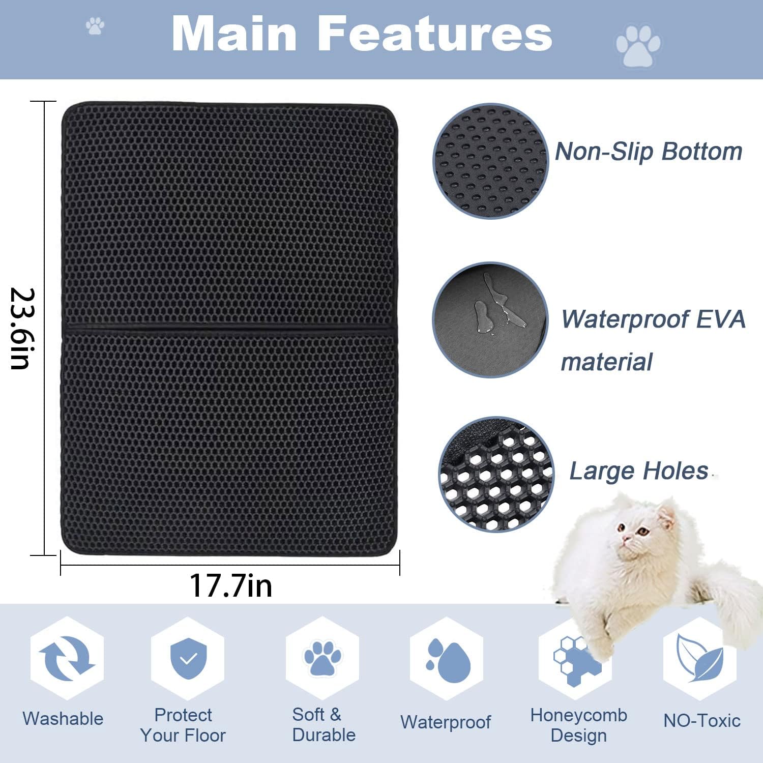 Tapete para arena para gatos, tapete para atrapar arena, diseño de doble capa de panal de abeja, impermeable, a prueba de orina, lavable, fácil de