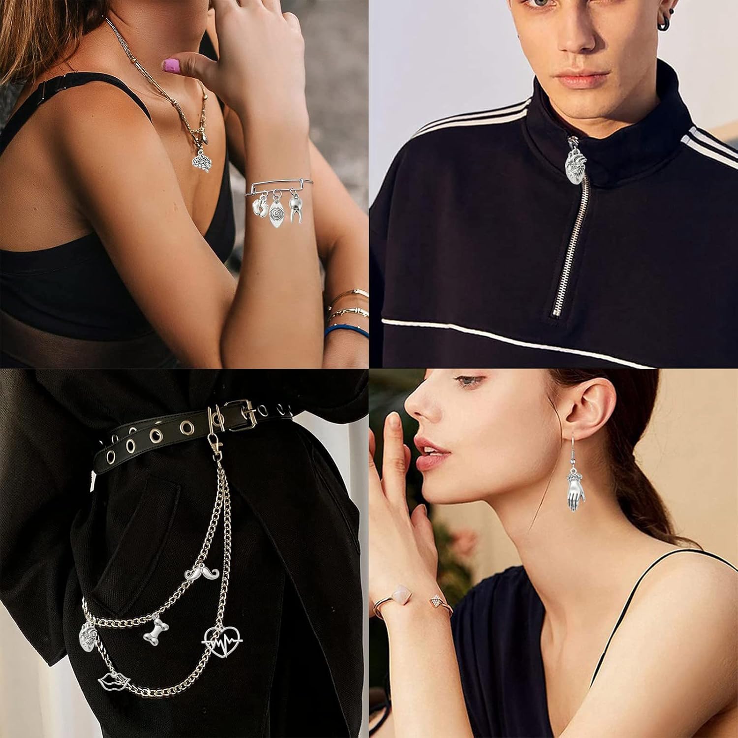 KitBeads 100 dijes tibetanos para partes del cuerpo, estilos mixtos, corazón, pie, hueso, diente, labio, cerebro, dijes de plata antigua para hacer