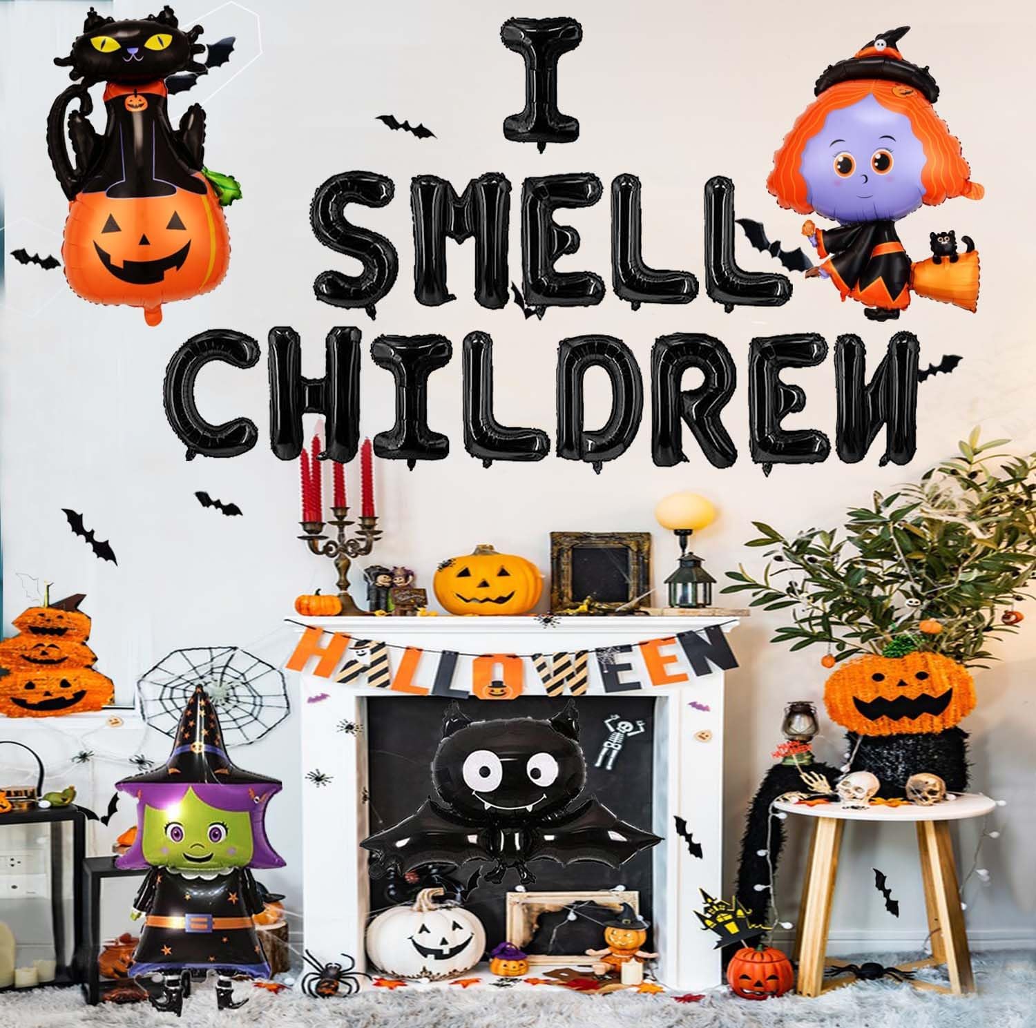 Cartel de globos con texto en inglés “I Smell Children”, decoración de fiesta de bruja de Halloween con I Smell Children Balloons Black Cat Witches