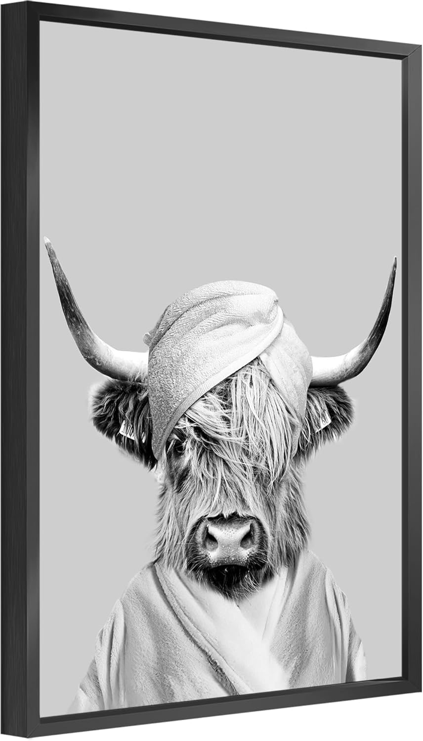 jenesaisquoi Highland Cow – Arte de pared para decoración de baño, lienzo con marco en blanco y negro, impresiones artísticas de animales