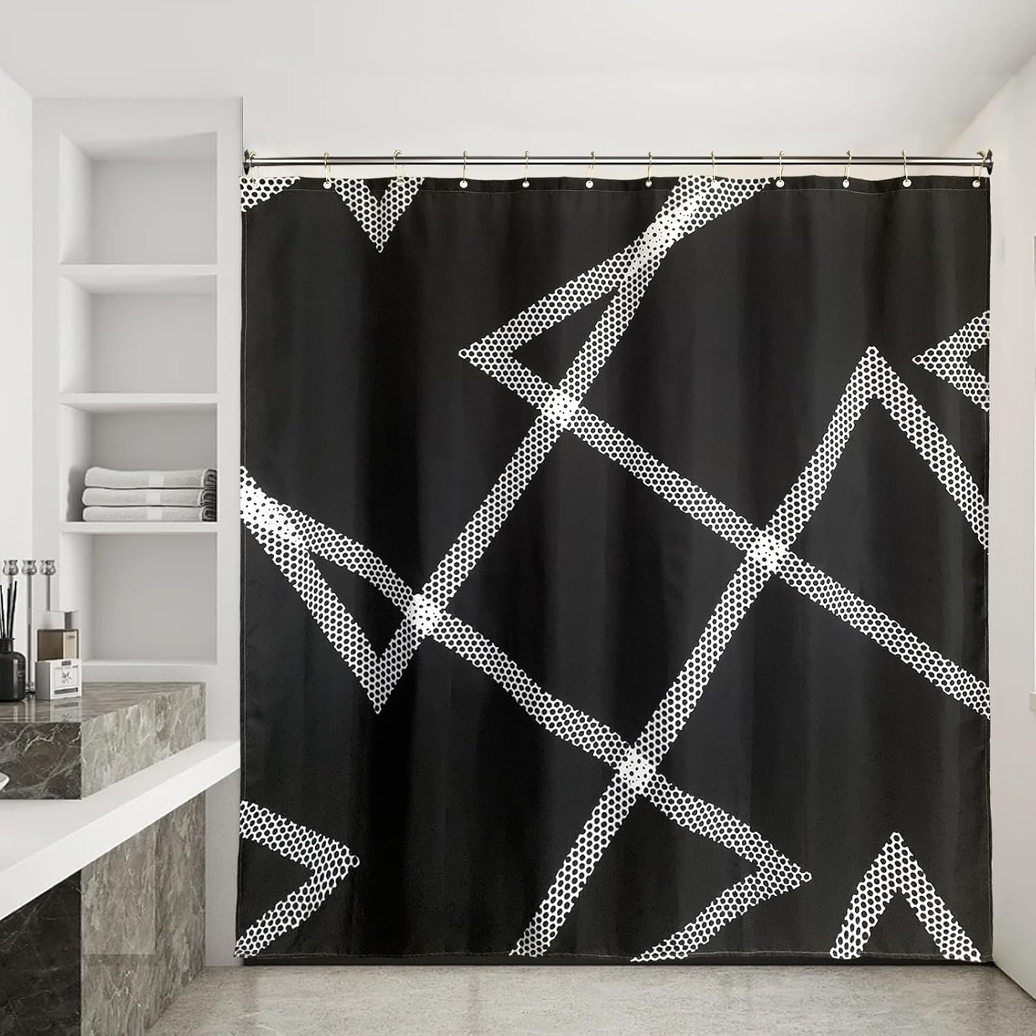 Tomoasfu Cortina de ducha para baño, tela impermeable, cortina de baño con dobladillo pesado y 12 ganchos de metal inoxidables líneas punteadas