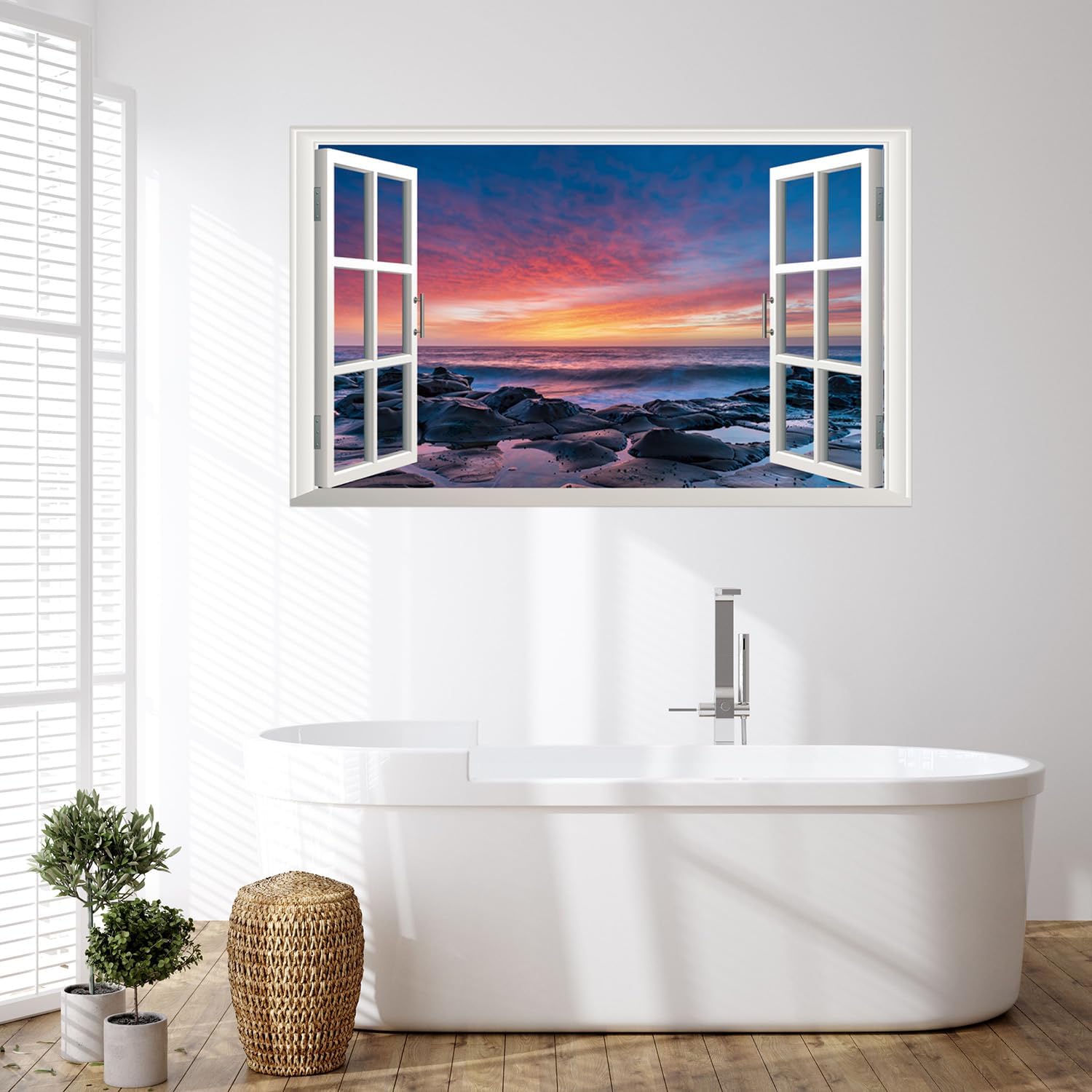 Calcomanía de pared de paisaje marino de playa, despegar y pegar, puesta de sol, ventana falsa 3D, naturaleza, océano, paisaje, vista de ventana,