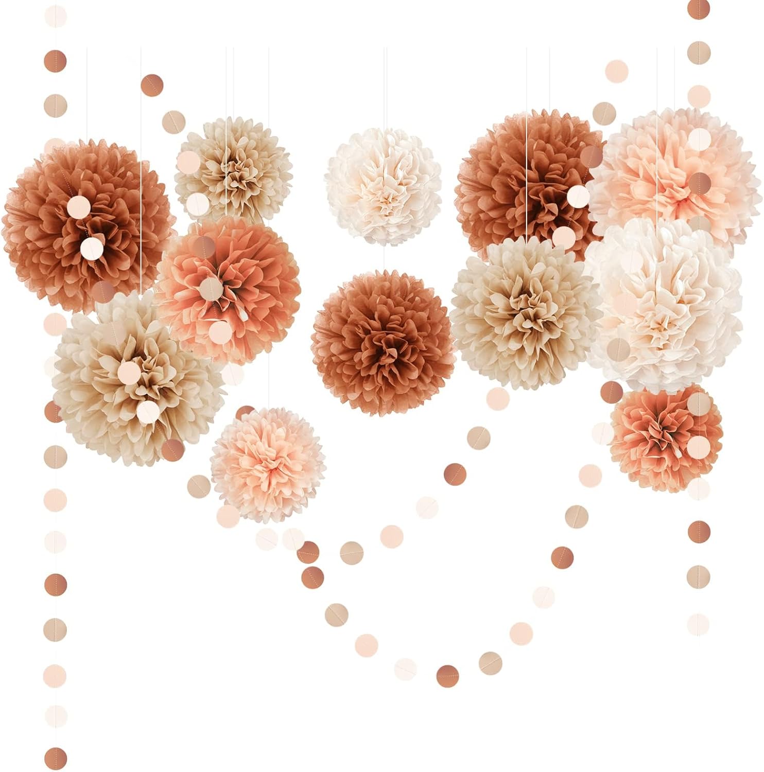 Juego de decoración de boda para baby shower, 15 pompones de papel de seda marrón melocotón, lunares circulares coloridos guirnalda de papel para