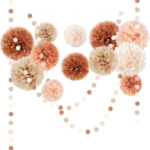 Juego de decoración de boda para baby shower, 15 pompones de papel de seda marrón melocotón, lunares circulares coloridos guirnalda de papel para Juego de decoración de boda para baby shower, 15 pompones de papel de seda marrón melocotón, lunares circulares coloridos guirnalda de papel para