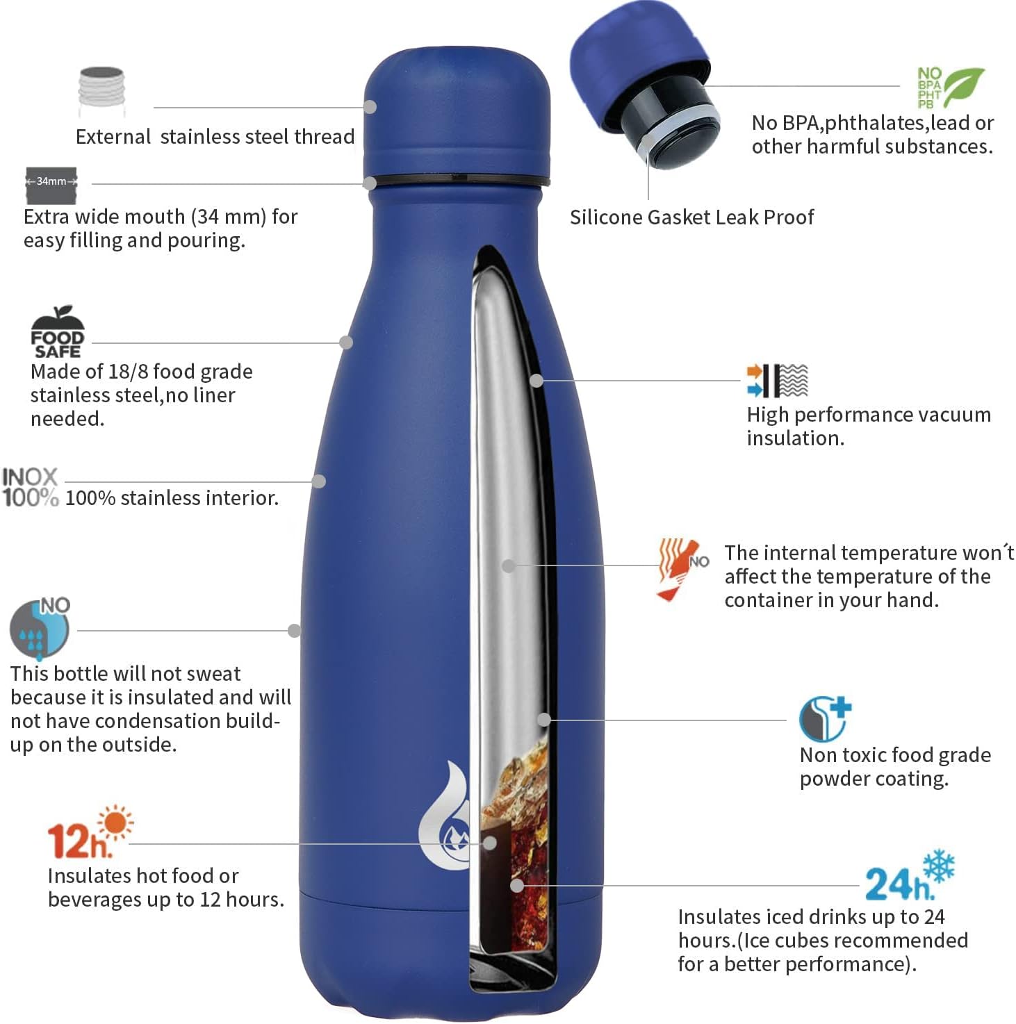BJPKPK Botellas de agua de acero inoxidable de 12 onzas, botella de agua aislada, botellas de agua deportivas de viaje, aptas para lavavajillas, azul