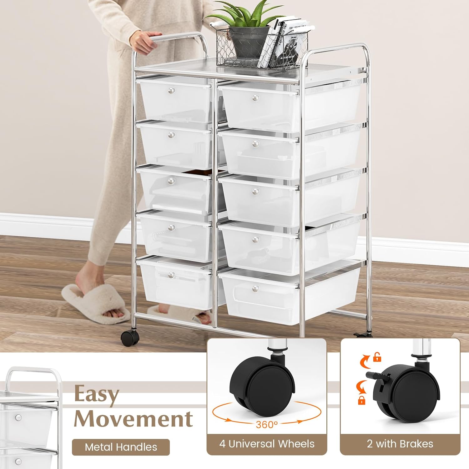 GOFLAME Carrito de almacenamiento con ruedas de 10 cajones, organizador de almacenamiento de manualidades sobre ruedas, carrito móvil multiusos para