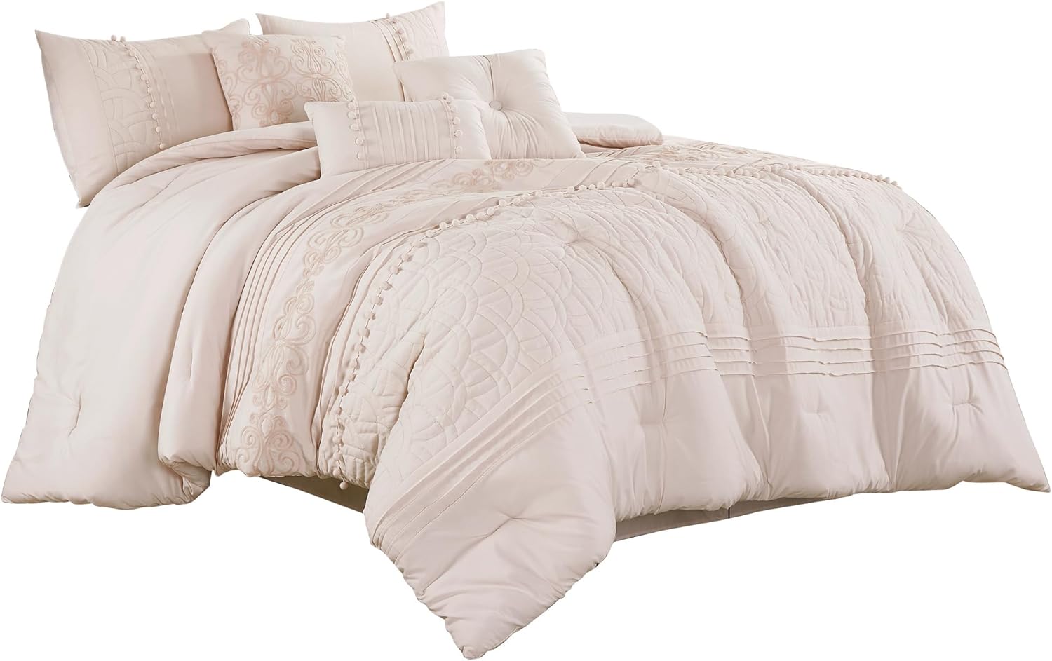 Chezmoi Collection Grace – Juego de edredón de 7 piezas de felpilla bordada con pompones, diseño floral, color rosa rubor, tamaño matrimonial