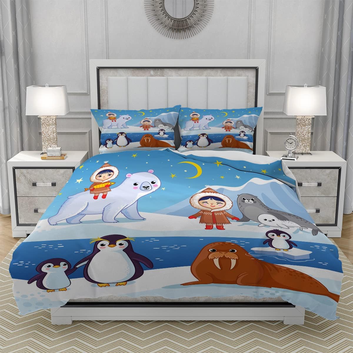 Juego de funda de edredón de animales árticos, tamaño King, bonito diseño de pingüino y oso polar, funda de edredón para dormitorio de adolescentes,