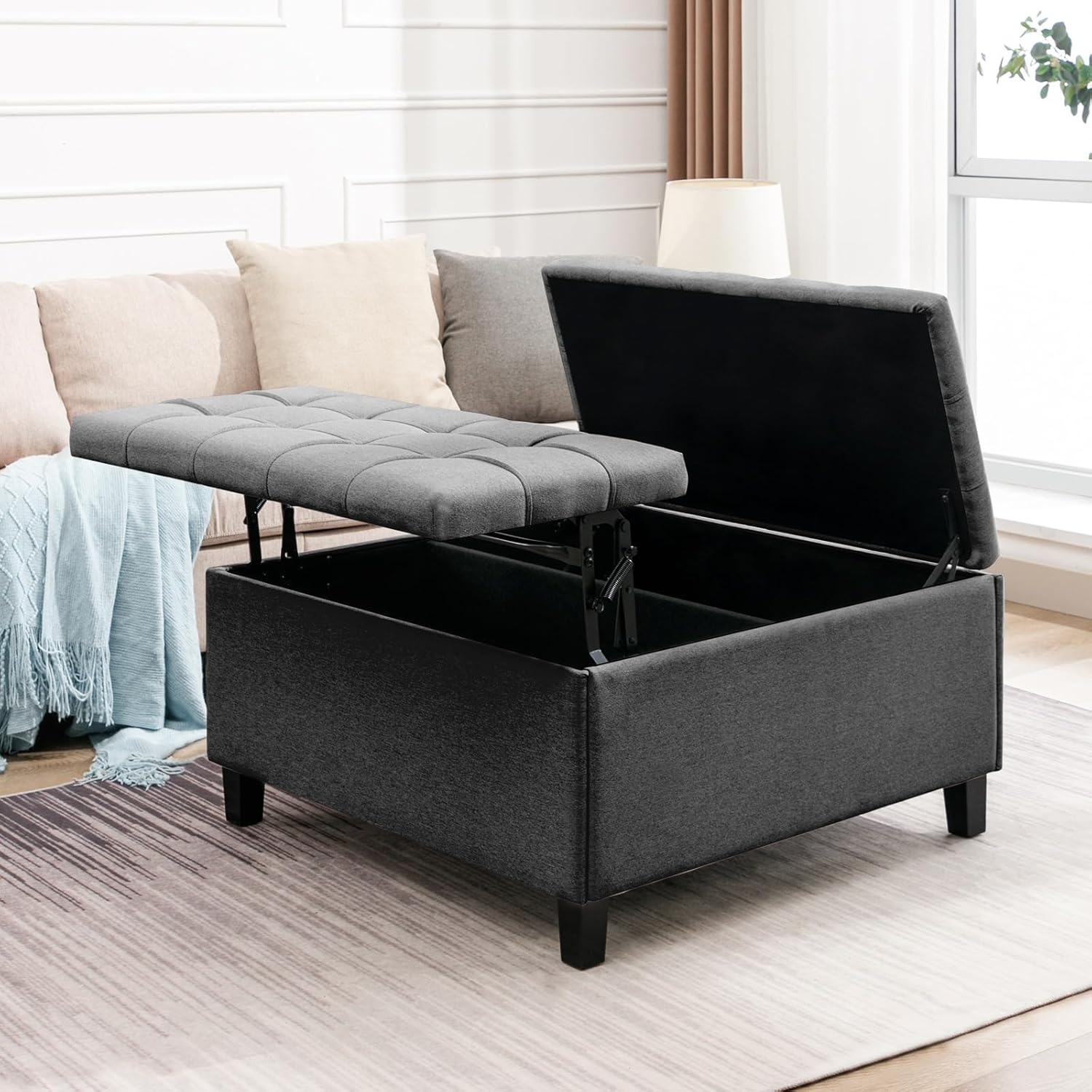 Mesa de centro otomana con elevador, otomana cuadrada con almacenamiento, tela de lino y patas de madera, reposapiés tapizado con asiento acolchado