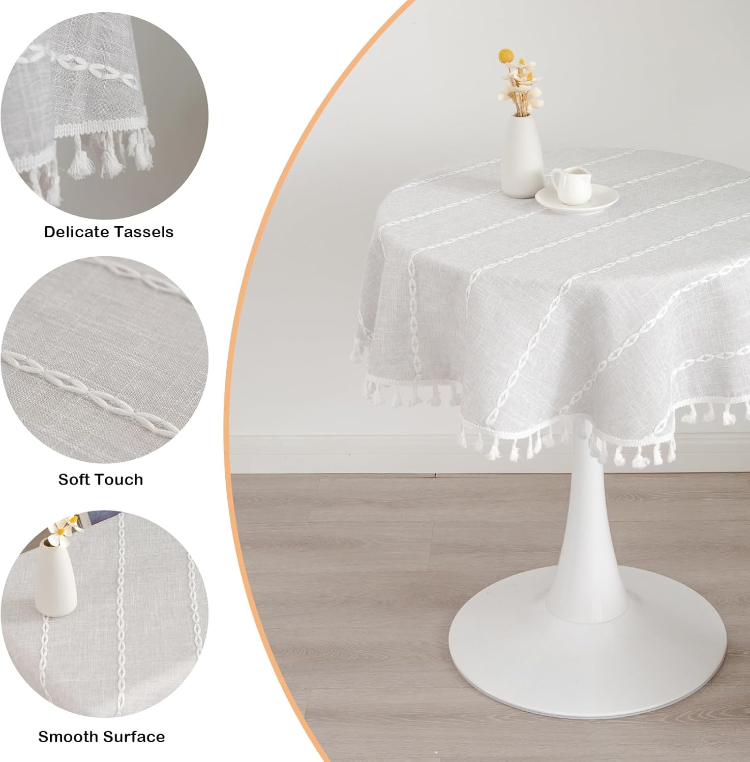YZKITM Mantel redondo rústico pequeño lavable a rayas de lino jacquard de peso pesado estilo granja con borlas para cocina, comedor, fiesta,