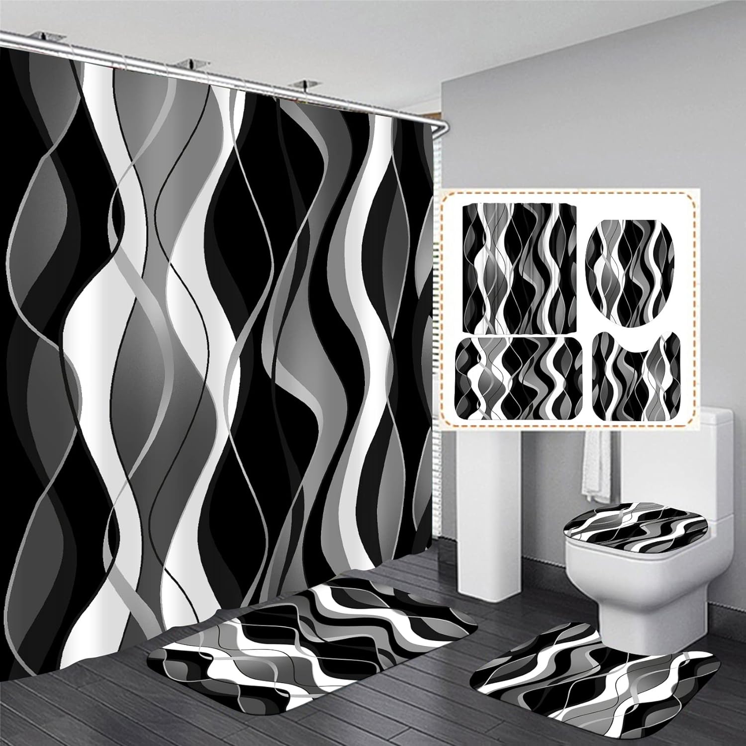 Nkzply Juego de 4 cortinas de ducha a rayas blancas y negras con cortina de ducha y alfombras, decoración moderna para el hogar, cortinas de ducha