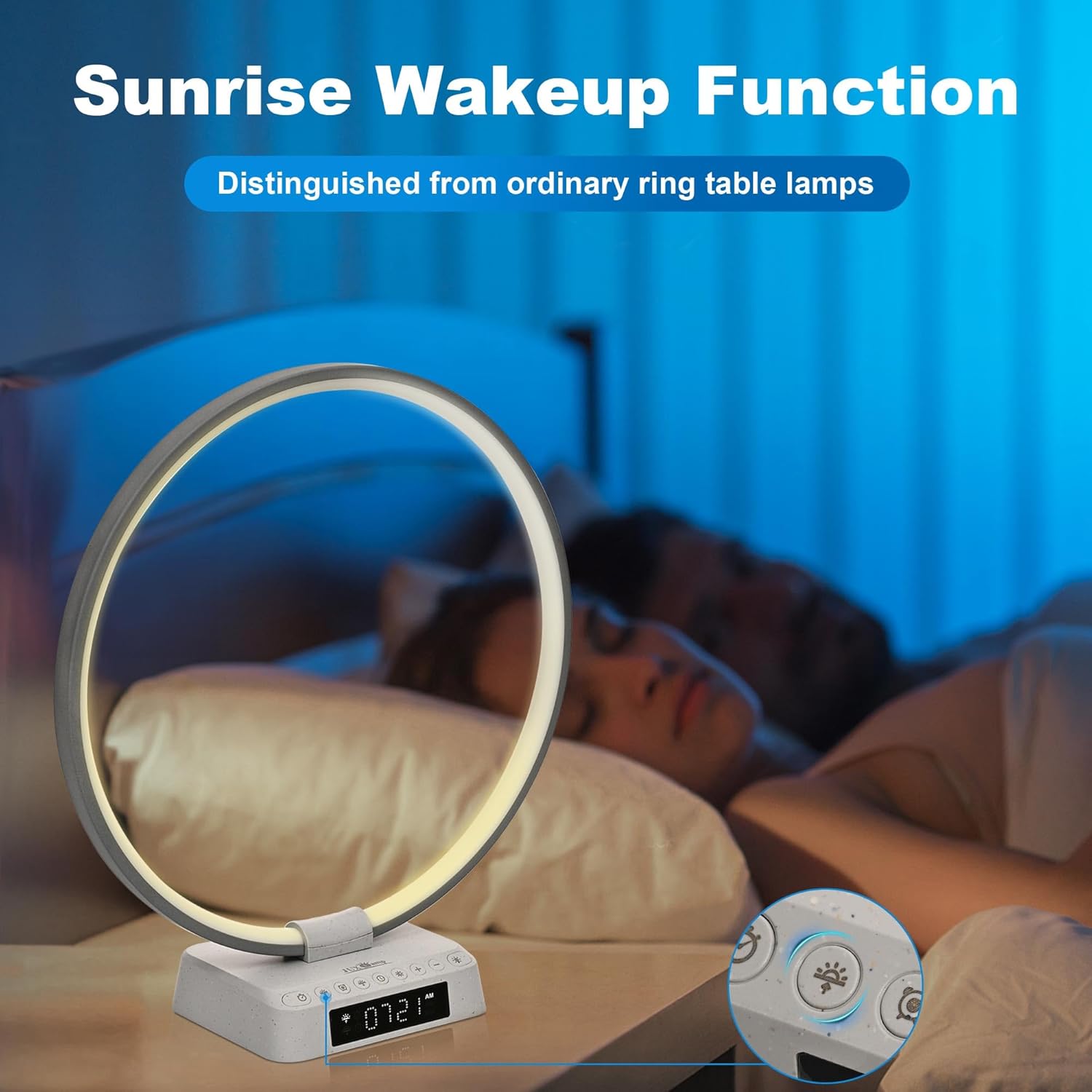 Lámpara de reloj despertador de amanecer, lámpara de mesa de Aureola, lámpara de mesita de noche, ajuste de bioclock, lámpara de escritorio con