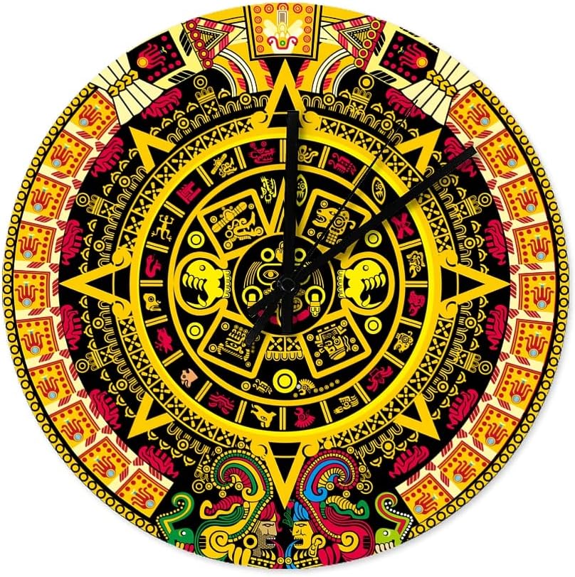 Reloj de pared redondo de madera, medallón maya colorido, calendario azteca, moderno, silencioso y sin tictac, reloj de pared decorativo para sala