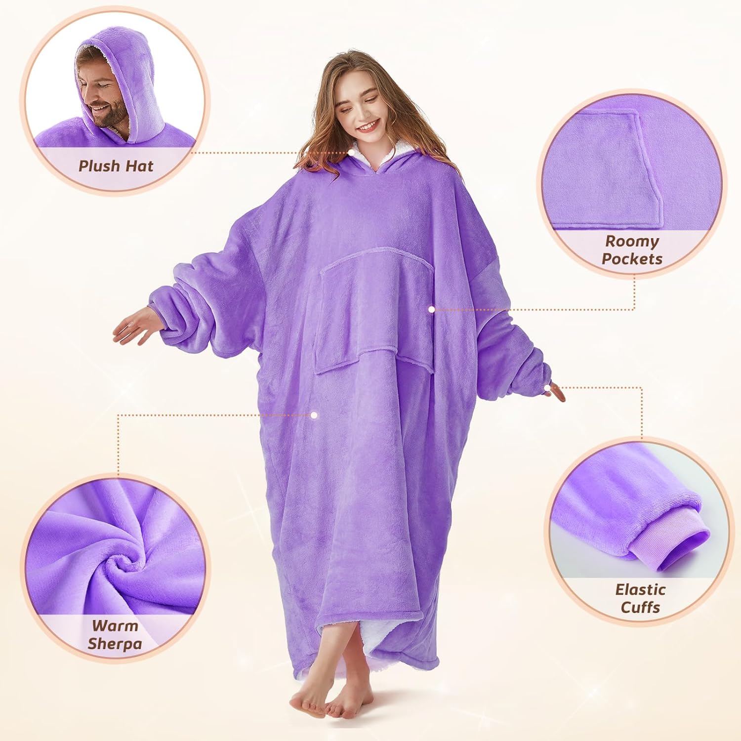 L’AGRATY Manta de gran tamaño con capucha para adultos, manta de vellón Sherpa con capucha de alta calidad para mujeres y hombres, sudadera larga