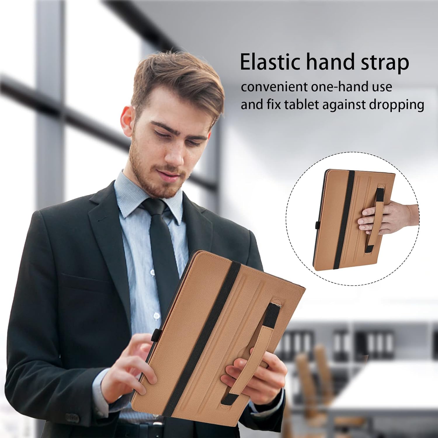 Funda para Samsung Galaxy Tab A7 Lite de 8.7 pulgadas 2021 (SM-T227T225T220) – Funda de piel sintética con correa de mano y bolsillo, color marrón