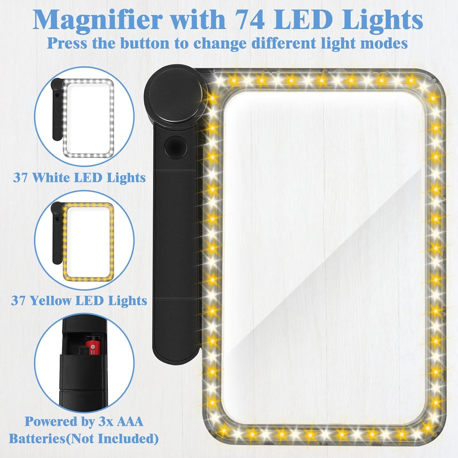 Lupa grande con luz para leer, lupa iluminada de 8 x 5.2 pulgadas con 74 luces LED fríascálidas (3 modos), lupas de mano plegables para personas