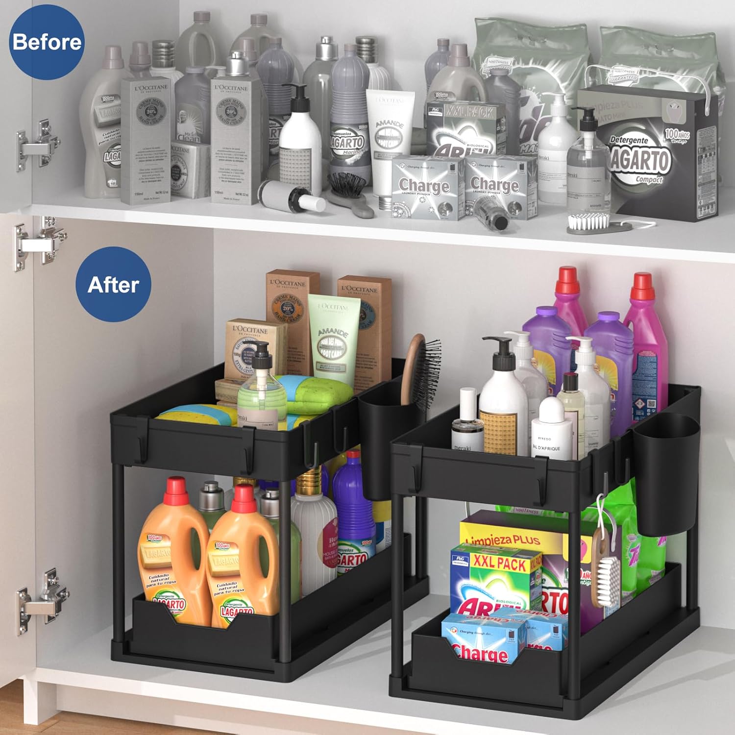 SUVANA Organizador para debajo del fregadero, organizador de armario de baño de 2 niveles con cesta deslizante debajo del fregadero, ganchos, taza