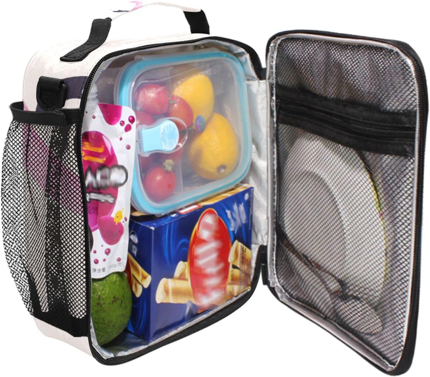ALAZA Lonchera con diseño de flores de flamenco para niñas y niños, bolsa de almuerzo reutilizable, kit de bolsa de almuerzo congelable, correa para