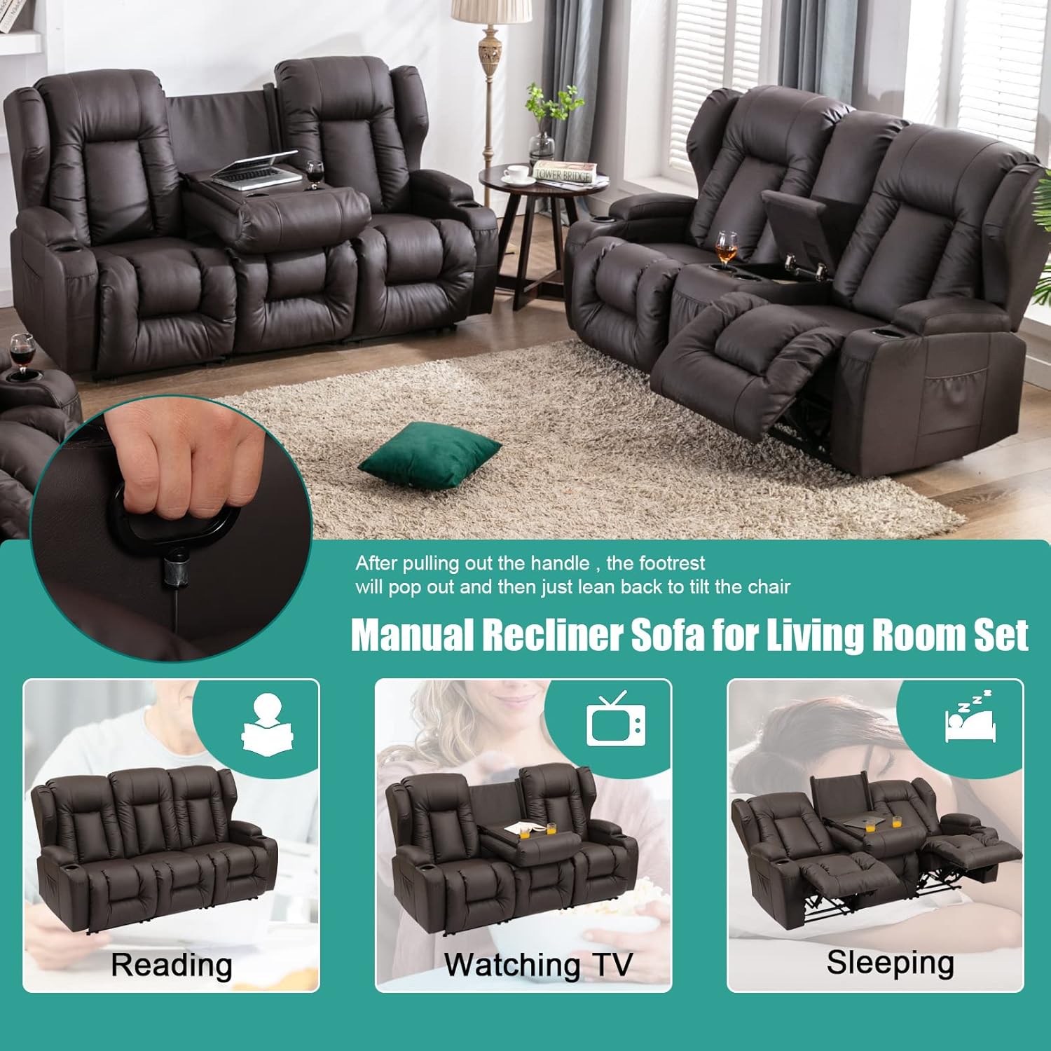 SAMERY Sofá reclinable de 76.7 pulgadas, sofá biplaza reclinable doble con consola, asiento reclinable manual de cine en casa, juego de sofá de 23