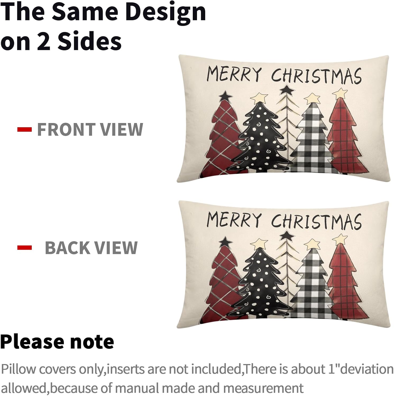 Juego de 2 fundas decorativas de cojín lumbar de 12 x 20 pulgadas, diseño de cuadros blancos y negros, con diseño de árboles rojos de Navidad, para