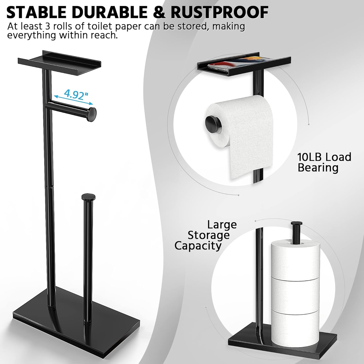 CISILY Paquete de 2 soportes de papel higiénico negro con estante para teléfono, decoración de tolitos de baño. Soporte de rollo de papel de seda,