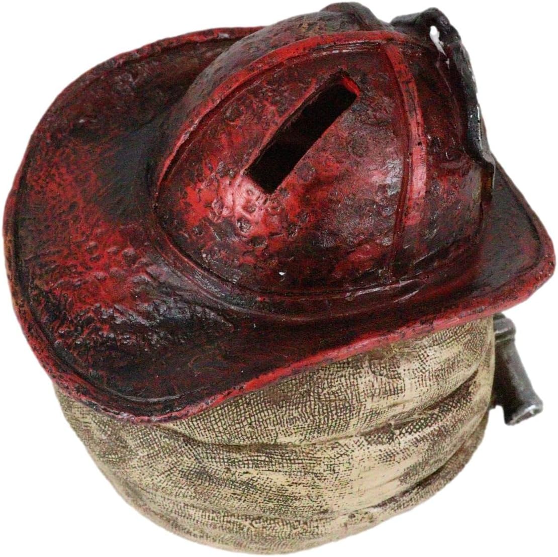 Ebros Gift Estación de bomberos rústica, 1 sombrero de bombero con manguera en espiral, ahorro de monedas, alcancía, figura decorativa para