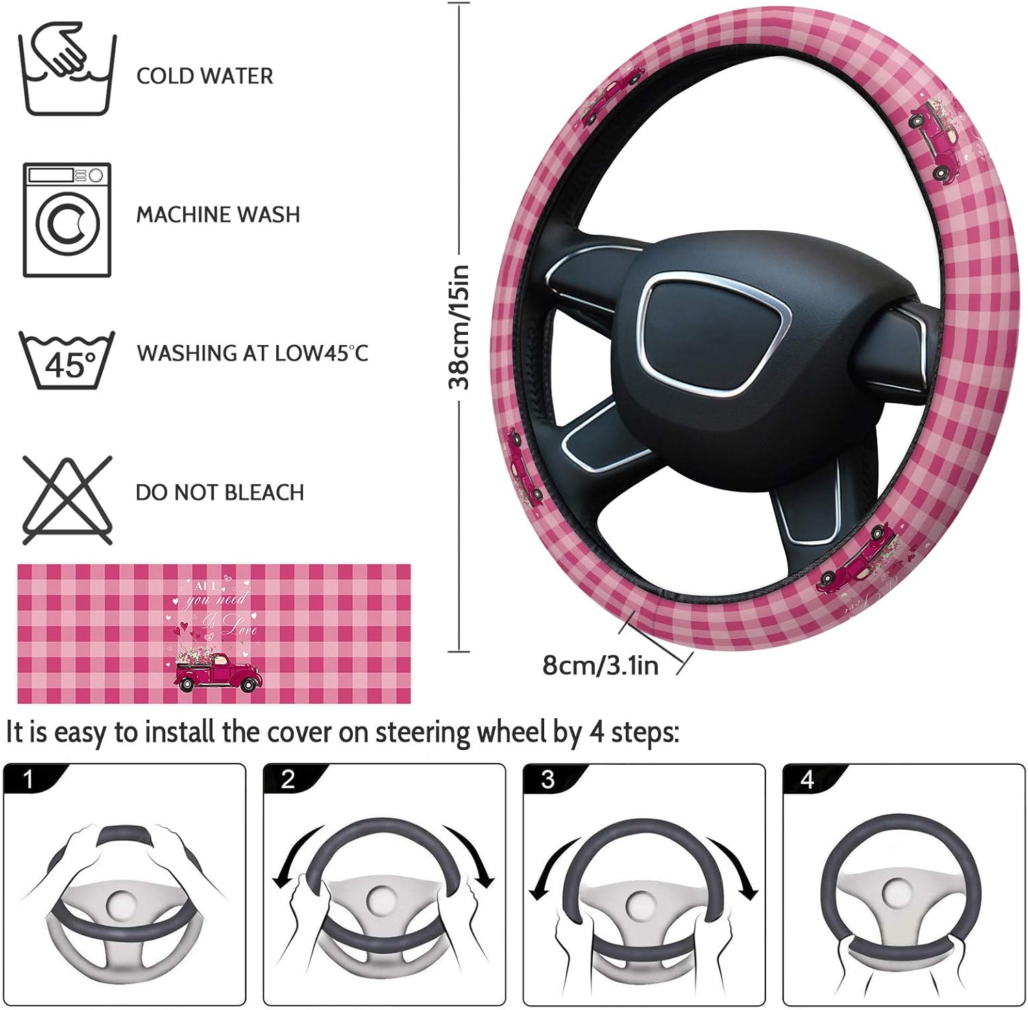Car Steering Wheel Cover, Heart Shape Pink Truck Buffalo Plaid Elastic Stretch Sponge Steering Wheels Protective Cover for Vehicles Trucks SUVs