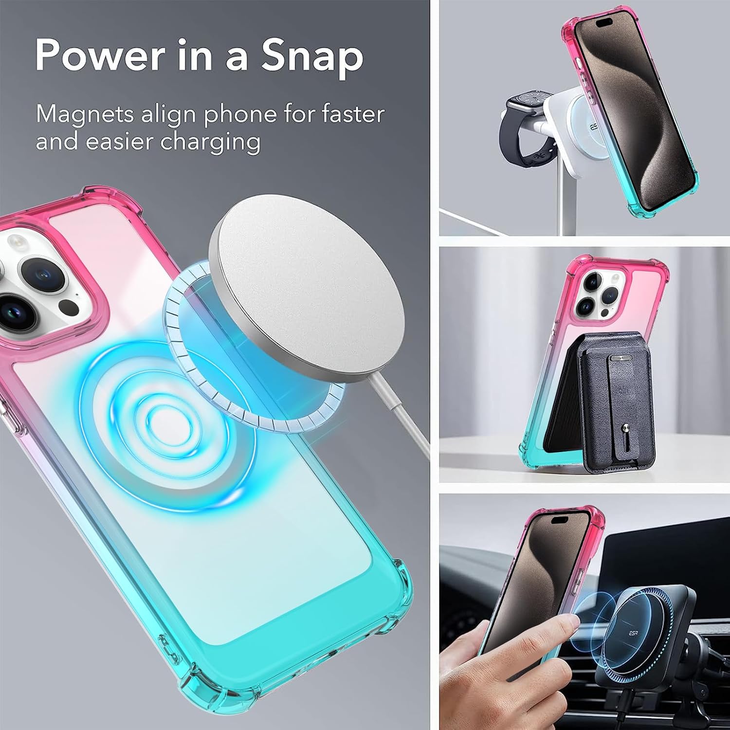tharlet Funda transparente diseñada para iPhone 15 Pro compatible con MagSafe gradiente fluorescente antiamarilleo Funda magnética delgada a prueba