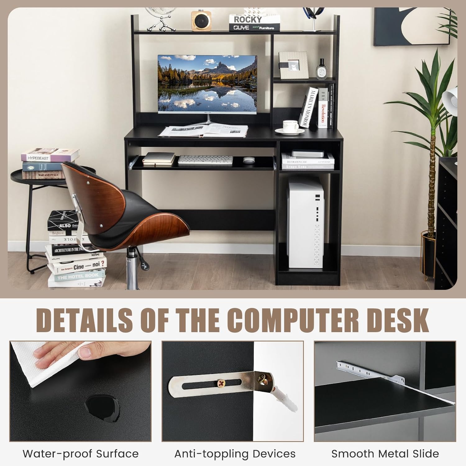 COSTWAY Escritorio negro para computadora con estante de almacenamiento, escritorio de madera con gabinete, escritorio de oficina con soporte para