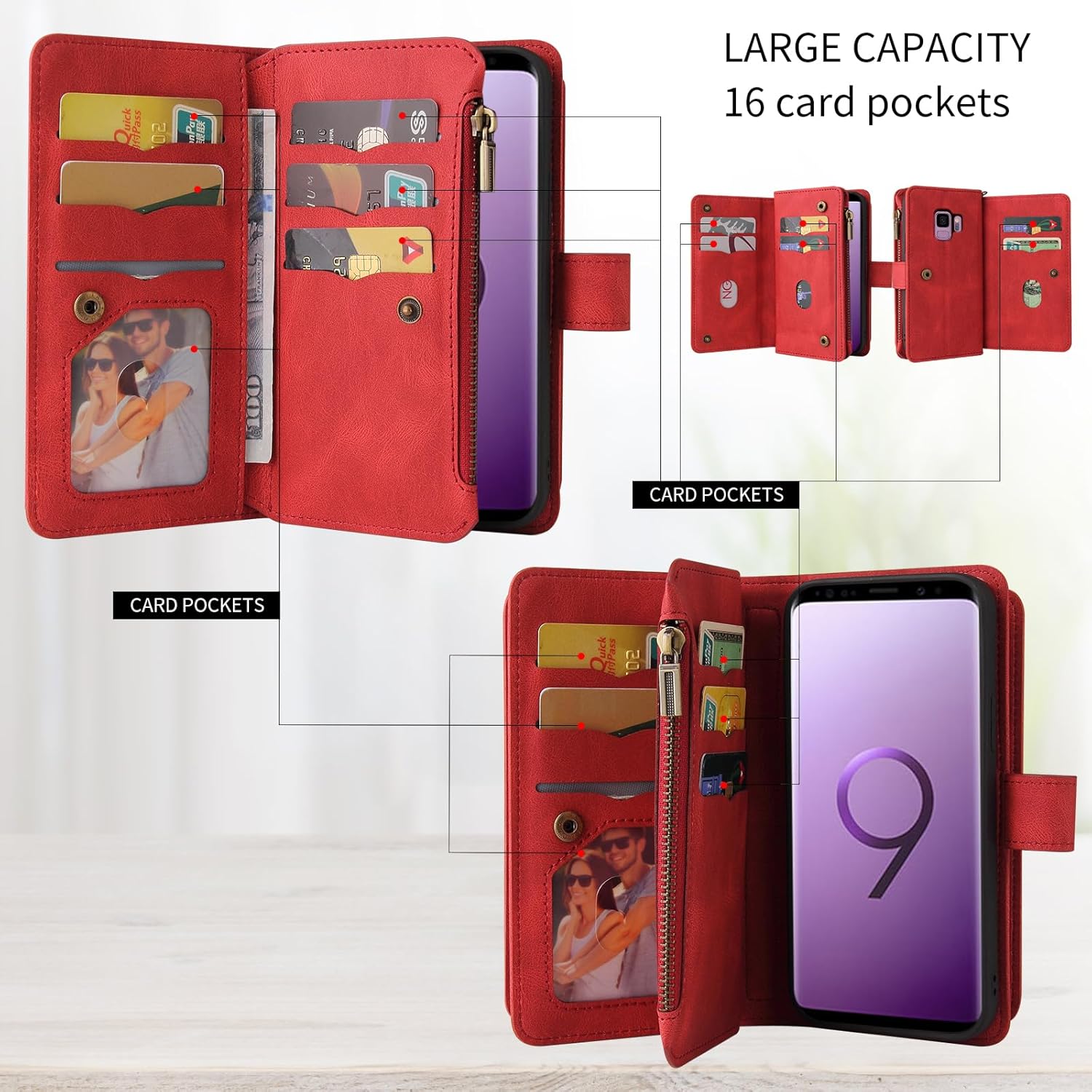Asuwish Funda de teléfono para Samsung Galaxy S9 con protector de pantalla de vidrio templado y correa para la muñeca de cuero con tapa para tarjeta