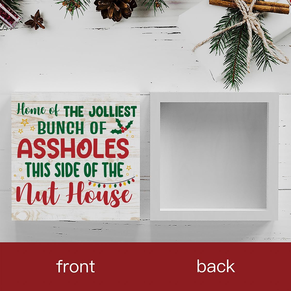 Cartel de madera divertido con texto en inglés Merry Christmas Home of the Jolliest, decoración de obras de arte de Papá Noel, letrero cuadrado de