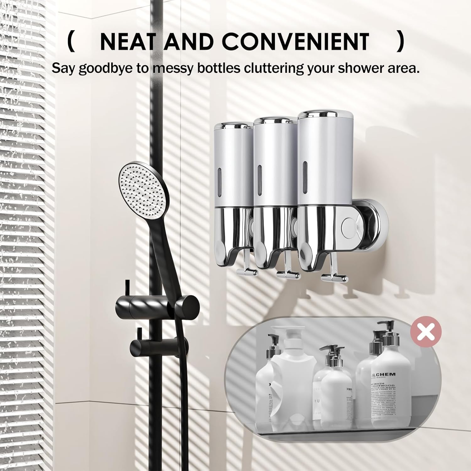 Dispensador de jabón de ducha de baño de cámara 3 en 1, dispensador de champú y acondicionador montado en la pared con etiqueta impermeable,