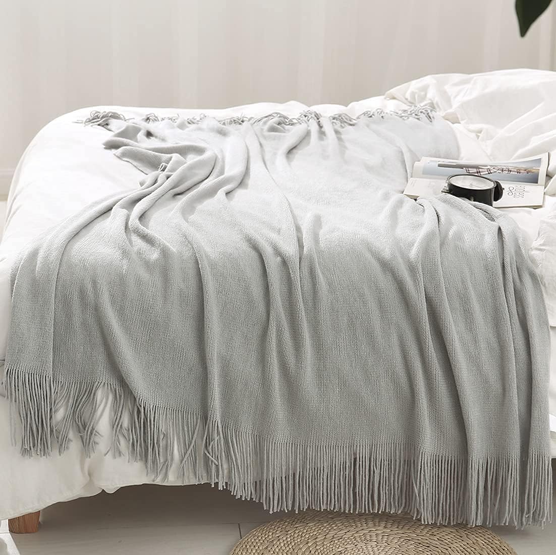 Homiest – Manta decorativa de punto con flecos, manta ligera tejida de acrílico, manta suave y acogedora con borlas para sofá, sillón, cama (gris