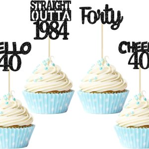 Gyufise Paquete de 24 adornos negros con purpurina para cupcakes de 40 cumpleaños con purpurina de cuarenta rectas Outta 1984 Hello 40 Cupcake Picks Gyufise Paquete de 24 adornos negros con purpurina para cupcakes de 40 cumpleaños con purpurina de cuarenta rectas Outta 1984 Hello 40 Cupcake Picks
