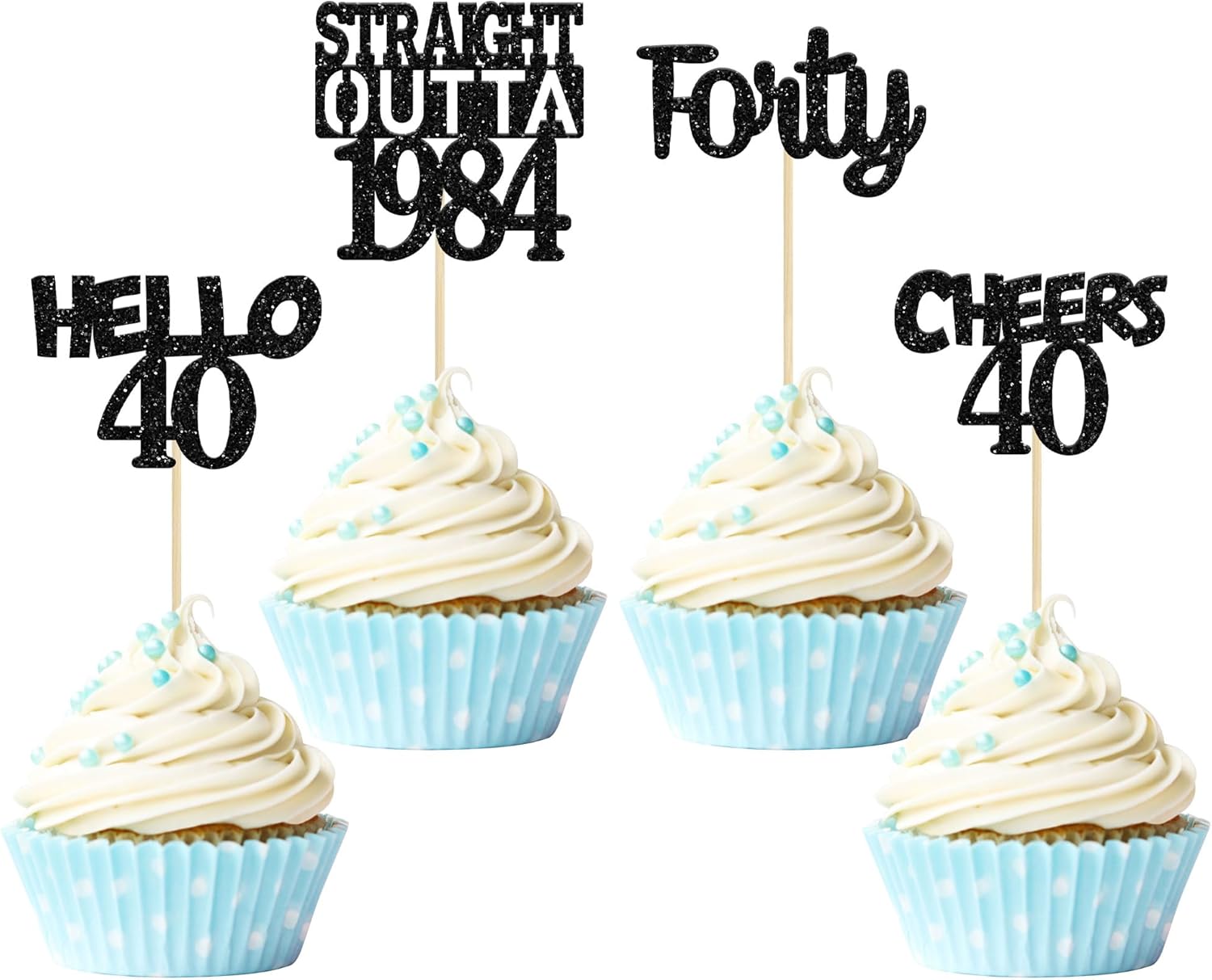 Gyufise Paquete de 24 adornos negros con purpurina para cupcakes de 40 cumpleaños con purpurina de cuarenta rectas Outta 1984 Hello 40 Cupcake Picks