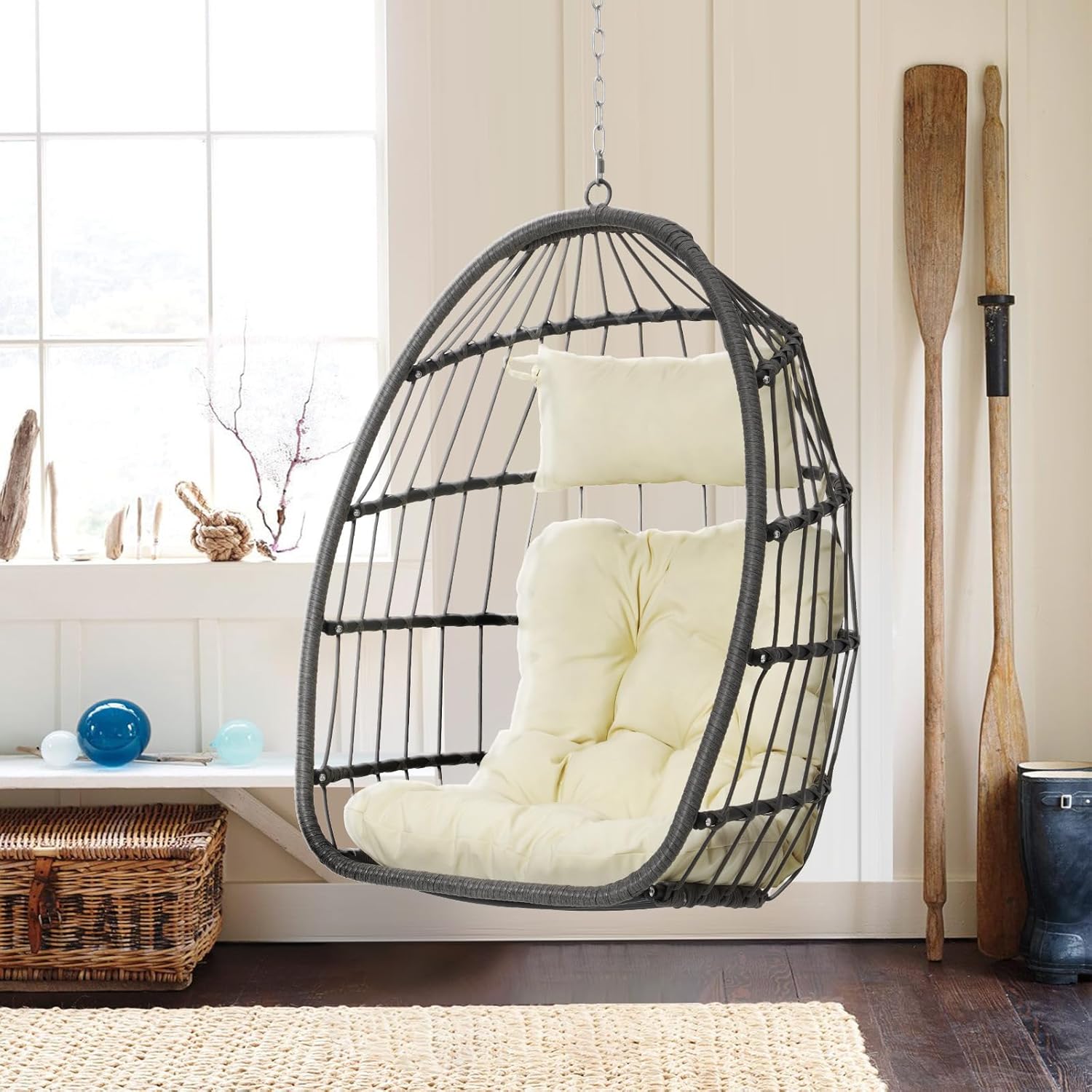 Brafab Silla colgante con forma de huevo sin soporte, silla hamaca plegable de mimbre con marco de acero galvanizado, cojínreposacabezas, capacidad