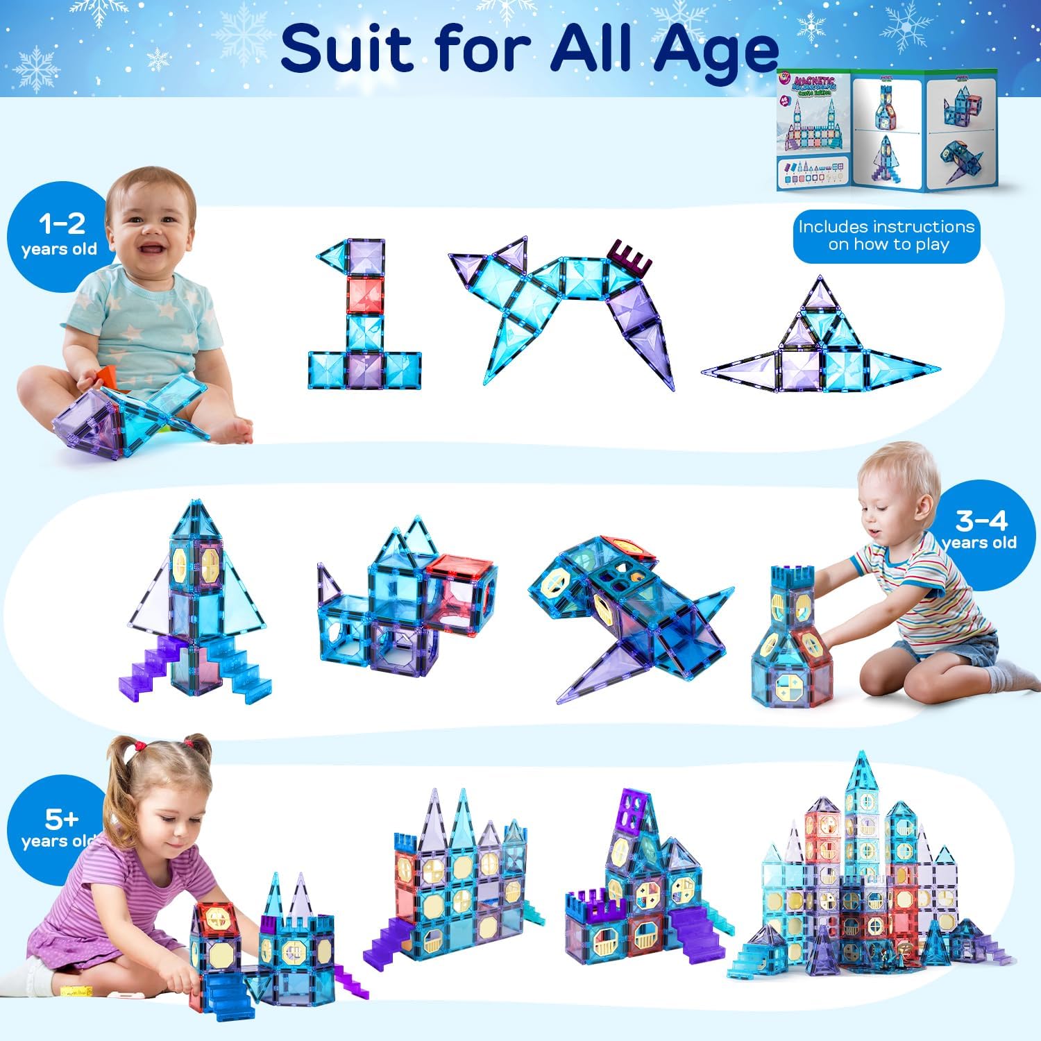 TOY Life Azulejos magnéticos para niños de 3 a 5 años, 46 piezas de bloques magnéticos para niños de 3 a 5 años, juguetes de construcción