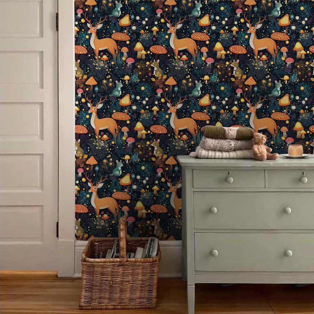 VistaPalette Papel tapiz autoadhesivo de 18 x 236 pulgadas, diseño de hadas, animales, bosque, ciervo, ratón, hongos, hongos, papel de contacto