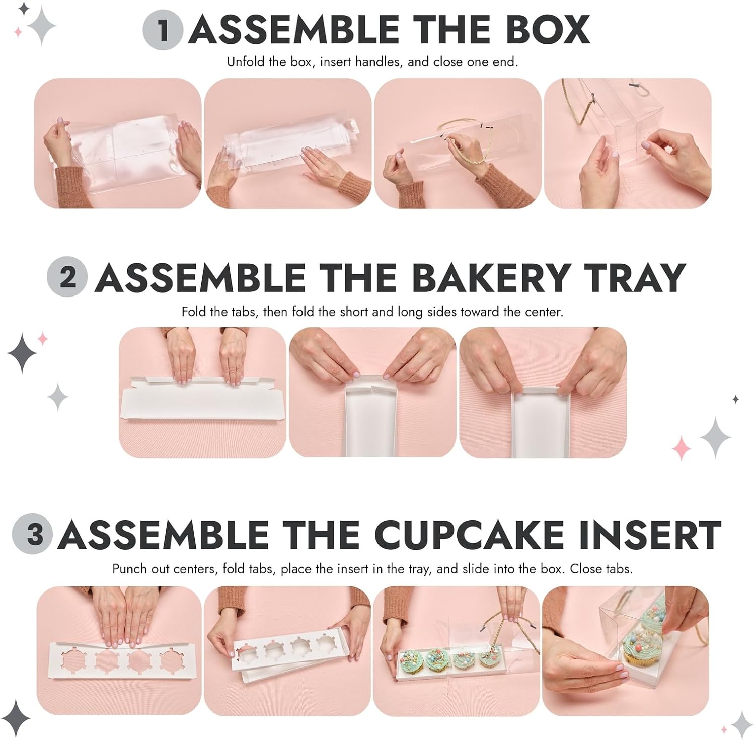 Sparkle and Bash Cajas transparentes para cupcakes con mango de cuerda dorada e inserciones blancas, 4 compartimentos (12.7 x 4.7 x 3.6 pulgadas),