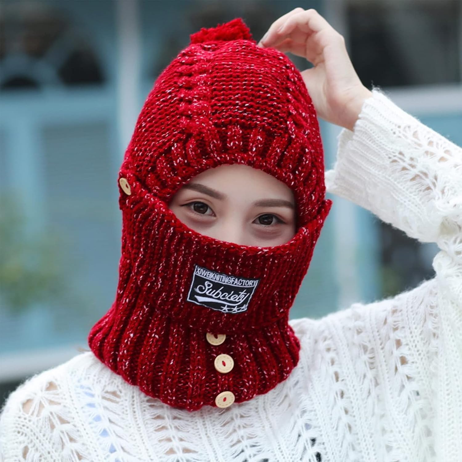 2 en 1 para mujer, bufanda de punto, sombrero elástico cálido de invierno con protectores de oídos, gorra integrada a prueba de viento para