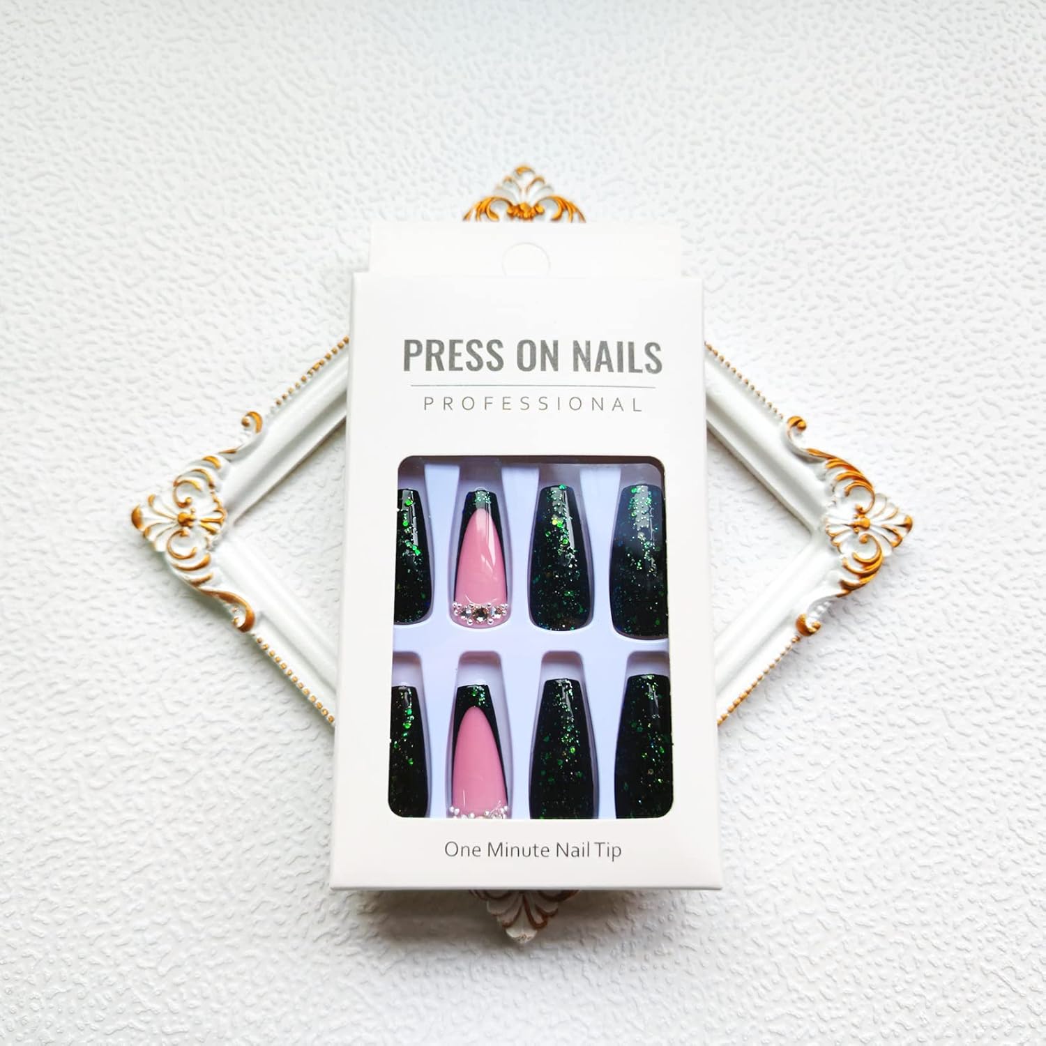 Uñas postizas a presión con forma de ataúd, uñas postizas con punta francesa, uñas postizas de cobertura completa con diseño de purpurina y
