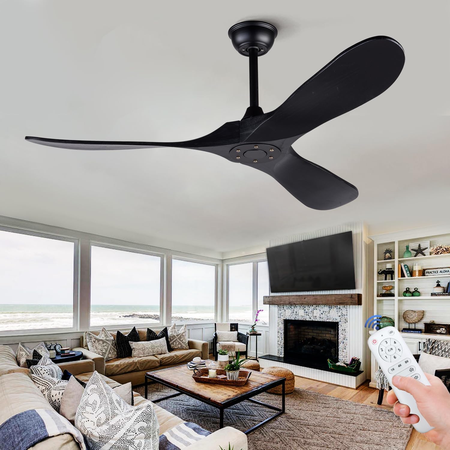 BOJUE Ventilador de techo de madera de 52 pulgadas sin luz y control remoto, ventilador de techo negro para perfil bajo para interiores y