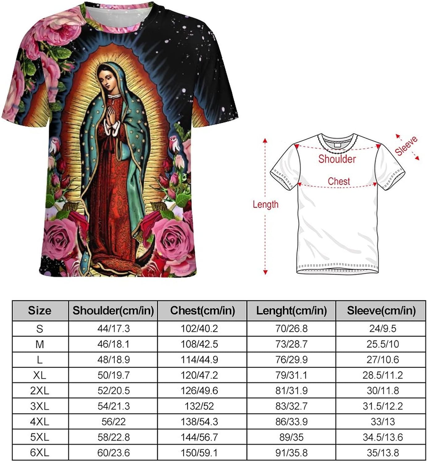 Camiseta con estampado completo para mujer Virgen María de Guadalupe